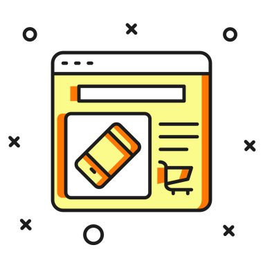 Beyaz arkaplanda izole edilmiş çevrimiçi ekran simgesi alışverişi. Konsept e-ticaret, e-ticaret, online iş pazarlama. Düz çizgili, gölgeli. Vektör