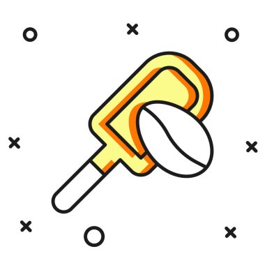 Beyaz arka planda izole edilmiş Spatula ana hatlarıyla kahve tanecikleriyle dolu. Kahve çekirdeği. Düz çizgili, gölgeli. Vektör