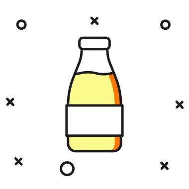 Beyaz arka planda izole edilmiş süt ikonu içeren kapaklı cam şişe. Düz çizgili, gölgeli. Vektör