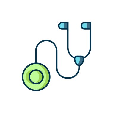 Doldurulmuş steteskop tıbbi araç simgesi beyaz arka planda izole edildi. Düz çizgili, gölgeli. Vektör