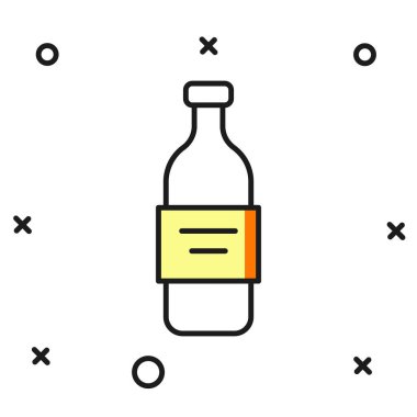 Beyaz arka planda izole edilmiş cam şişe votka ikonu. Düz çizgili, gölgeli. Vektör