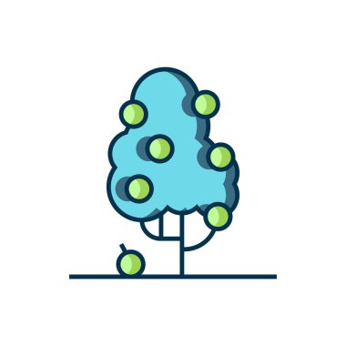 Doldurulmuş ana hatlı meyve ağacı simgesi beyaz arkaplanda izole edildi. Tarım fabrikası. Organik tarım ürünü. Meyve bahçesi. Bahçe teması. Düz çizgili, gölgeli. Vektör