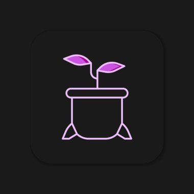 Siyah arkaplanda izole edilmiş ot simgesine yerleştirilmiş ana hatlar. Tencerede yetişen bir bitki. Saksı bitkisi işareti. Düz çizgili, gölgeli. Vektör