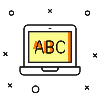 Doldurulmuş dizüstü bilgisayar simgesi beyaz arkaplanda izole edildi. Boş ekran işaretli bilgisayar defteri. Düz çizgili, gölgeli. Vektör