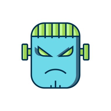 Taslak çizilmiş Korkunç Canavar Frankenstein yüz simgesi beyaz arka planda izole edilmiş. Mutlu Cadılar Bayramı Partisi. Düz çizgili, gölgeli. Vektör