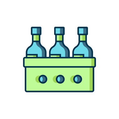 Beyaz arka planda izole edilmiş ahşap bir kutuda şarap şişeleri. Tahta bir sandıkta şarap şişeleri. Düz çizgili, gölgeli. Vektör