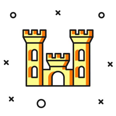 Beyaz arkaplanda izole edilmiş ana hatlı Castle simgesi. Kulesi olan bir ortaçağ kalesi. Düşmanlardan koruma. Şehrin güvenilirliği ve savunması. Düz çizgili, gölgeli. Vektör
