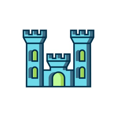 Beyaz arkaplanda izole edilmiş ana hatlı Castle simgesi. Kulesi olan bir ortaçağ kalesi. Düşmanlardan koruma. Şehrin güvenilirliği ve savunması. Düz çizgili, gölgeli. Vektör