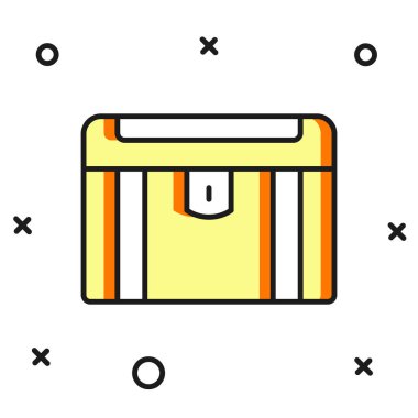 Beyaz arka planda izole edilmiş Antik hazine sandığı simgesi. Altın sikkeli klasik tahta sandık. Düz çizgili, gölgeli. Vektör