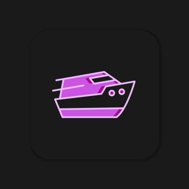 Siyah arkaplanda izole edilmiş ana hatlı sürat teknesi simgesi. Düz çizgili, gölgeli. Vektör