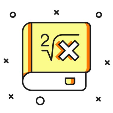 Beyaz arkaplanda izole edilmiş kelime matematik ikonu ile ana hatlarıyla dolu bir kitap. Matematik kitabı. Okula geri dönmekle ilgili eğitim konsepti. Düz çizgili, gölgeli. Vektör