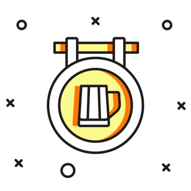 Beyaz arka planda izole edilmiş bira ikonu dolu bir tabela. Reklamlar için uygun bar, kafe, bar, restoran. Düz çizgili, gölgeli. Vektör