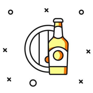 Taslak bira şişesi ve beyaz arka planda izole edilmiş ahşap fıçı ikonu. Düz çizgili, gölgeli. Vektör