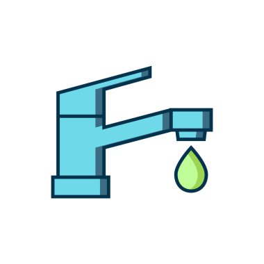 Doldurulmuş su musluğu simgesi beyaz arkaplanda izole edildi. Düz çizgili, gölgeli. Vektör