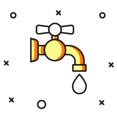 Doldurulmuş su musluğu simgesi beyaz arkaplanda izole edildi. Düz çizgili, gölgeli. Vektör