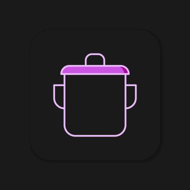 Siyah arkaplanda izole edilmiş ana hatlı tencere ikonu. Haşlama ya da güveç besin sembolü. Düz çizgili, gölgeli. Vektör