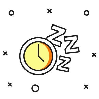 Doldurulmuş alarm saat simgesi beyaz arkaplanda izole edildi. Uyan, kalk konsepti. Zaman işareti. Düz çizgili, gölgeli. Vektör