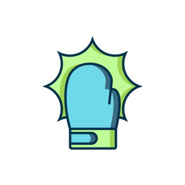 Beyaz arka planda izole edilmiş boks eldivenli yumruk simgesi. Boks eldivenleri patlayıcıyla birbirine çarpıyor. Düz çizgili, gölgeli. Vektör