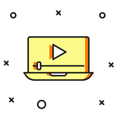 Doldurulmuş Online oynatma simgesi beyaz arkaplanda izole edildi. Dizüstü bilgisayar ve oyun işaretli film şeridi. Düz çizgili, gölgeli. Vektör