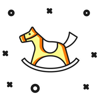 Beyaz arka planda izole edilmiş küçük çocuk ikonu için ahşap atı eyerde sallamak. Düz çizgili, gölgeli. Vektör