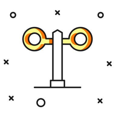 Doldurulmuş ana hatlı tren trafik ışığı simgesi beyaz arkaplanda izole edildi. Trenlerin hareketlerini düzenlemek için demiryolu için trafik ışıkları. Düz çizgili, gölgeli. Vektör