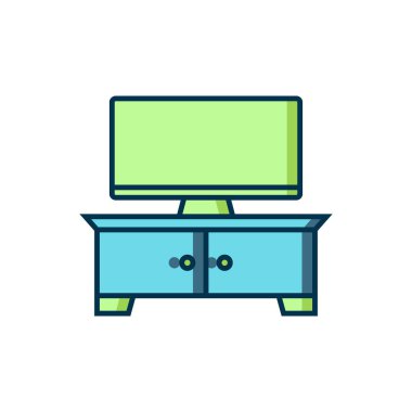 Doldurulmuş ana hatlı televizyon masası simgesi beyaz arkaplanda izole edildi. Düz çizgili, gölgeli. Vektör