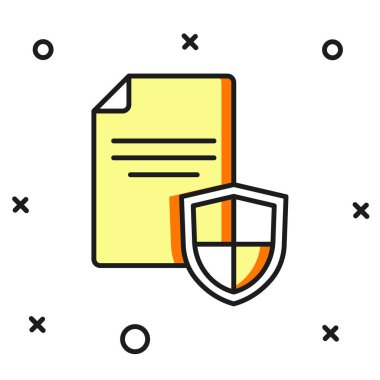 Beyaz arkaplanda izole edilmiş kalkan simgesiyle dolu taslak sözleşmesi. Sigorta konsepti. Güvenlik, güvenlik, koruma, konsept koruma. Düz çizgili, gölgeli. Vektör