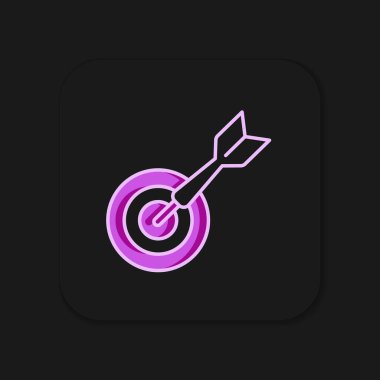 Klasik dart tahtası ve ok simgesi siyah arkaplanda izole edildi. Dartboard işareti. Oyun konsepti. Düz çizgili, gölgeli. Vektör