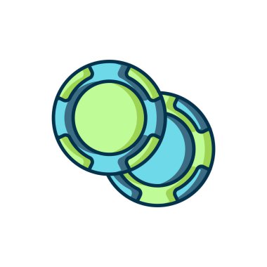 Doldurulmuş ana hatlı kumarhane çipleri simgesi beyaz arkaplanda izole edildi. Kumarhane kumarı. Düz çizgili, gölgeli. Vektör