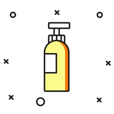 Beyaz arka planda izole edilmiş şampuan ikonu ana hatlarıyla dolu. Düz çizgili, gölgeli. Vektör