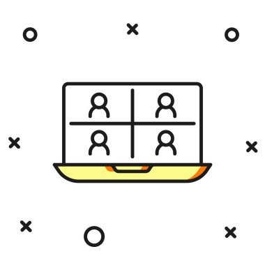 Beyaz arkaplanda izole edilmiş ana hatlı görüntülü sohbet ikonu. Çevrimiçi iş görüşmesi formu. Uzak proje yönetimi. Düz çizgili, gölgeli. Vektör