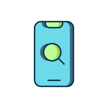 Beyaz arka planda izole edilmiş ana hatlı büyüteç ve mobil simge. Arama, odaklanma, yakınlaştırma, iş sembolü. Düz çizgili, gölgeli. Vektör