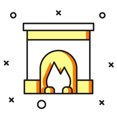 İçi doldurulmuş şömine simgesi beyaz arkaplanda izole edilmiş. Düz çizgili, gölgeli. Vektör