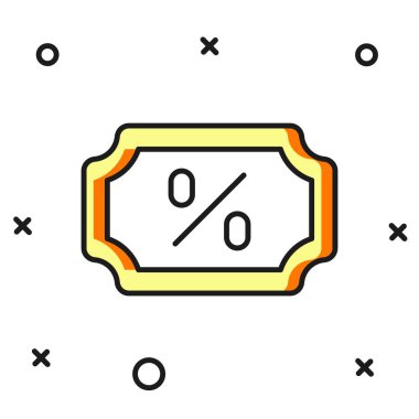 Doldurulmuş İndirim yüzde etiketi simgesi beyaz arkaplanda izole edildi. Etiket alışverişi. Özel teklif işareti. İndirim kuponları sembolü. Düz çizgili, gölgeli. Vektör