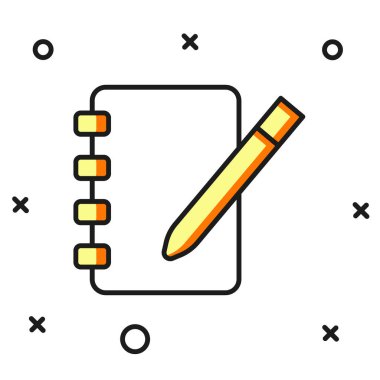 Doldurulmuş Not Defteri simgesi beyaz arkaplanda izole edildi. Spiral not defteri simgesi. Okul defteri. Yazı tahtası. Okul günlüğü. Düz çizgili, gölgeli. Vektör