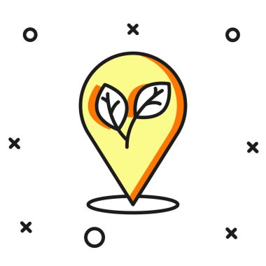 Beyaz arkaplanda izole edilmiş ana hatlı konum broşu ile simgenin içindeki yaprak ile dolduruldu. İşaret bırakıyor. Taze doğal ürün sembolü. Düz çizgili, gölgeli. Vektör