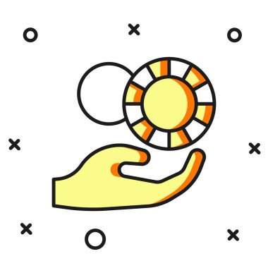 Dolu El, beyaz arka planda izole edilmiş kumarhane fişleri simgesi tutuyor. Kumarhane kumarı. Düz çizgili, gölgeli. Vektör