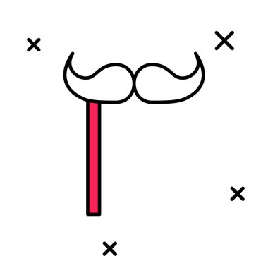 Beyaz arka planda izole edilmiş çöp ikonuna çizilmiş kağıt bıyık. Karton karnaval maskesi ile kavram. Fotoğraf çekimi için maske. Vektör.