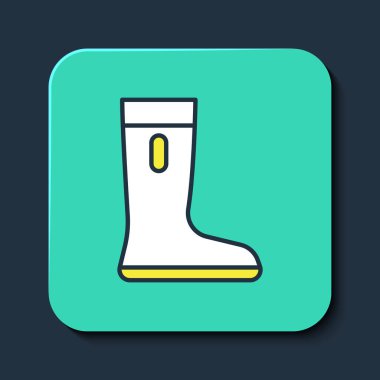 Mavi arka planda izole edilmiş su geçirmez lastik bot simgesi. Yağmurlu hava, balıkçılık, bahçe işleri için çizme. Turkuaz kare düğme. Vektör.