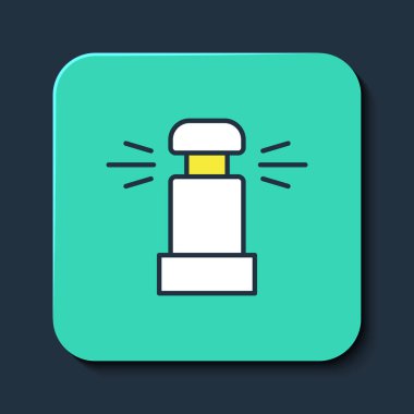 Doldurulmuş otomatik sulama ikonu mavi arkaplanda izole edildi. Su ekipmanları. Bahçe elemanı. Sprey tabanca ikonu. Turkuaz kare düğme. Vektör.