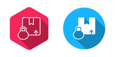 Doldurulmuş ve ana hatları çizilmiş karton kutu simgesi uzun gölge arkaplanı ile izole edilmiş. Kutu, paket, paket işareti. Teslimat ve ambalaj. Vektör.