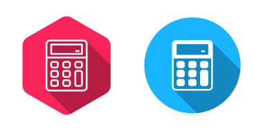Doldurulmuş ve ana hatlı Hesaplayıcı simgesi uzun gölge arkaplanı ile izole edilmiş. Muhasebe sembolü. İş hesaplamaları matematik eğitimi ve finans. Vektör.