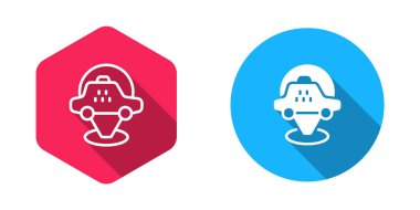 Uzun gölgeli izole edilmiş taksi arabası simgesiyle doldurulmuş ve ana hatları çizilmiş. Konum sembolü. Vektör.