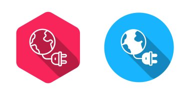 Küresel enerji enerji gezegenini uzun gölge arkaplan izole edilmiş buji simgesiyle doldurup ana hatlarıyla çizdim. Ekoloji konsepti ve çevre. Vektör.