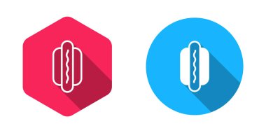 Hotdog sandviç simgesinin uzun gölgeli bir özeti var. Sosis ikonu. Fast food burcu. Vektör.