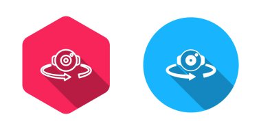 Doldurulmuş ve çizilmiş 360 derecelik görünüm simgesi uzun gölge arkaplanı ile izole edilmiş. Sanal gerçeklik. 360 derecelik açıyla. Panorama fotoğrafı. Vektör.