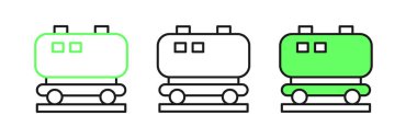 Beyaz arkaplanda izole edilmiş Petrol Demiryolu Sarnıç simgesini ayarlayın. Tren vagonundaki petrol tankı. Demiryolu nakliyesi. Petrol endüstrisi. Vektör.