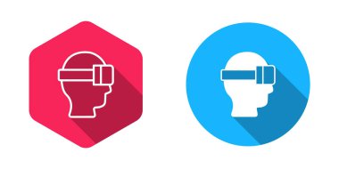 Doldurulmuş ve ana hatları çizilmiş Sanal gerçeklik gözlüğü simgesi uzun gölge arkaplan izole. Stereoskopik 3D VR maskesi. Optik baş monte edildi. Vektör.