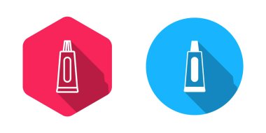 Uzun gölge arkaplan ile izole edilmiş diş macunu ikonu dolu ve ana hatlı tüp. Vektör.