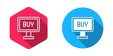 Doldurulmuş ve ana hatlı Buy düğmesi simgesi uzun gölge arkaplanı ile izole edilmiş. Vektör.
